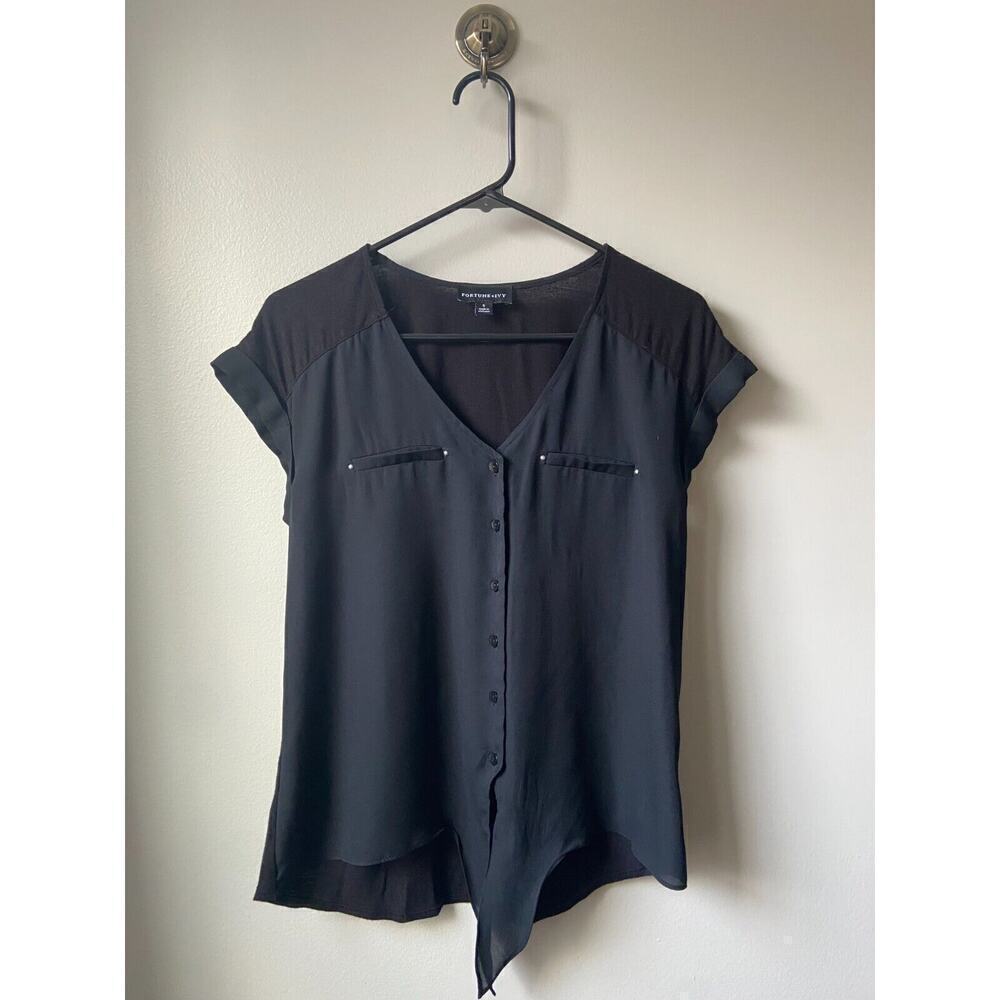 Fortune + Ivy Mixed Material Tie-Front Cap Sleeve Blouse, Size Small